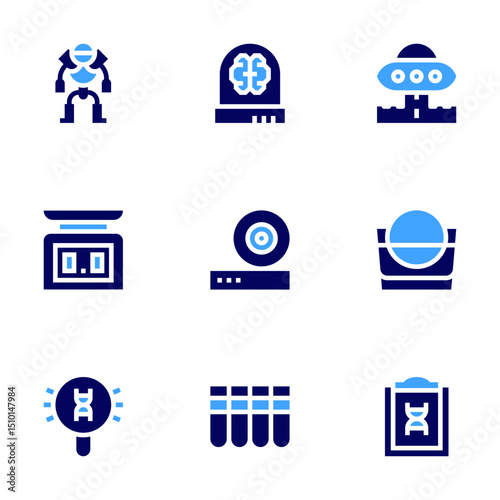 Science icon set. Bold style. Duotone colors. android, brain, ufo, balance scale, friction, volume, search, test tube, report