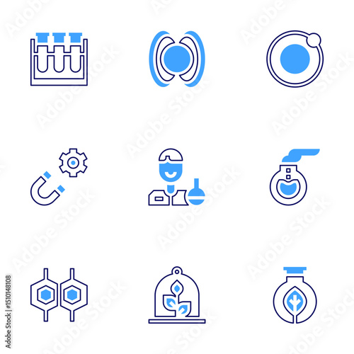 Science icon set. Bold line style. Duotone colors. Editable stroke. test tubes, magnetic field, orbit, magnet, scientist, florence flask, cell, plant, biology