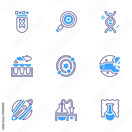Science icon set. Bold line style. Duotone colors. Editable stroke. test tube, search, dna, test tubes, solar system, planet, astronomy, synthetic material