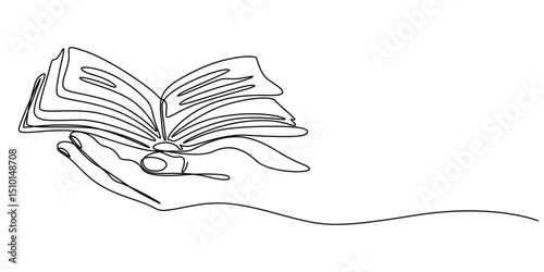 Hand holding paper book in continuous one line art drawing. Vector illustration documents concept, hand holding book one line continuous drawing copy space minimalism illustration, teacher reads text.