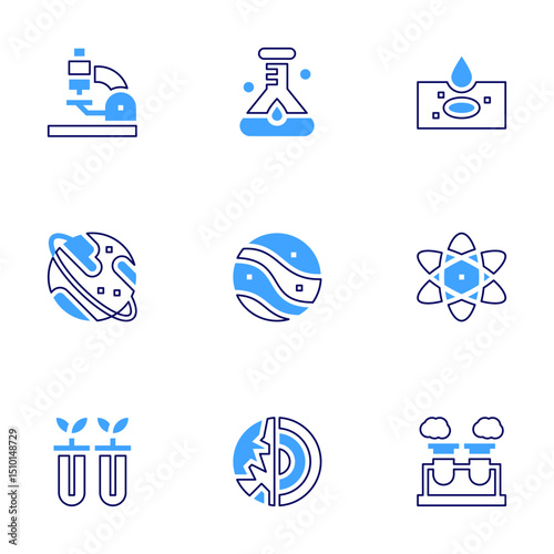 Science icon set. Bold line style. Duotone colors. Editable stroke. microscope, flask, slide, uranus, planet, atom, science, test tube
