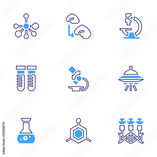 Science icon set. Bold line style. Duotone colors. Editable stroke. molecule, human evolution, microscope, test tube, ufo, flask, molecular, genetic modification