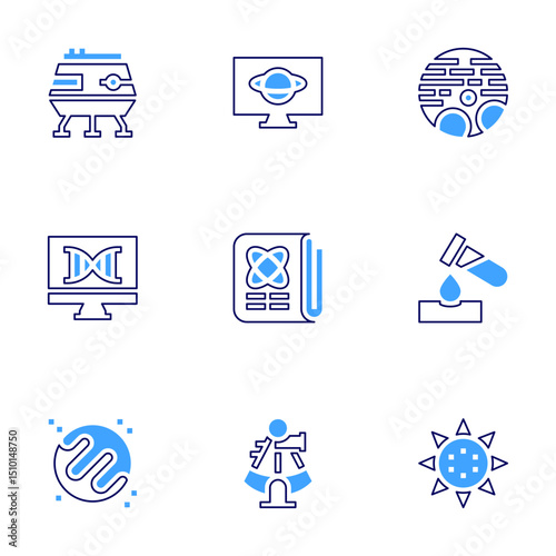 Science icon set. Bold line style. Duotone colors. Editable stroke. lunar module, lcd, pluto, computer, newspaper, test tube, keplers law, astrolabe, virus