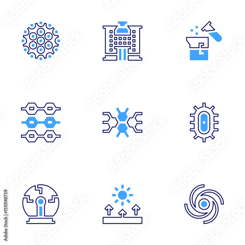 Science icon set. Bold line style. Duotone colors. Editable stroke. hpv, laboratory, reaction, tissues, molecule, bacteria, plasma ball, refraction, vortex