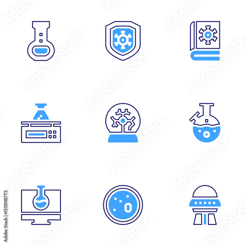 Science icon set. Bold line style. Duotone colors. Editable stroke. flask, protected, book, scale, plasma ball, chemistry, petri dish, ufo
