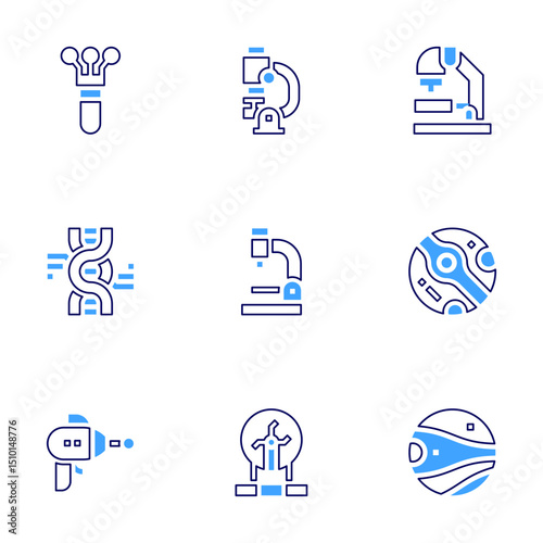 Science icon set. Bold line style. Duotone colors. Editable stroke. flask, microscope, dna, mars, blaster, plasma ball, planet