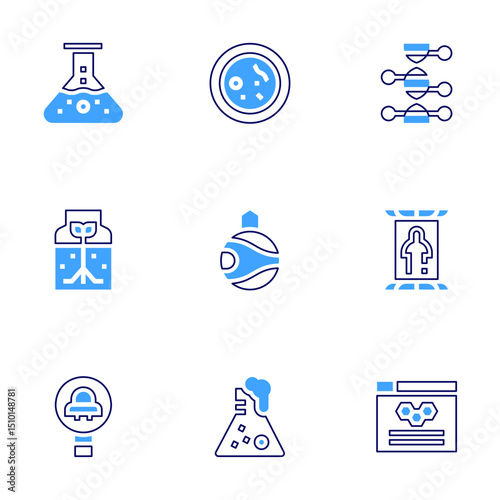 Science icon set. Bold line style. Duotone colors. Editable stroke. flask, germination, search, cell, genetic, space colonization, teleportation, website