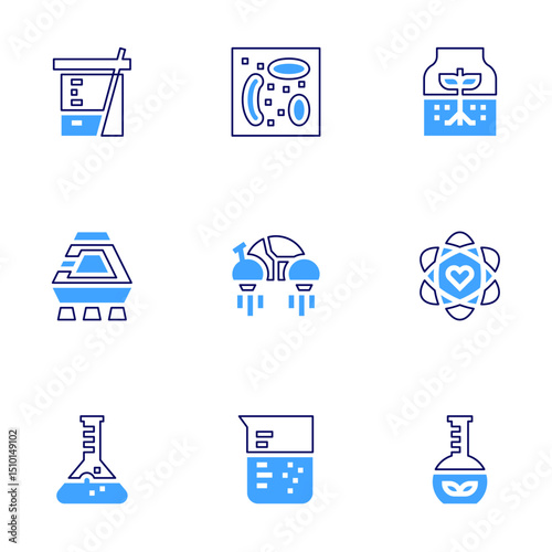 Science icon set. Bold line style. Duotone colors. Editable stroke. beaker, parasite, sprout, space capsule, flying car, heart, flask, biomass