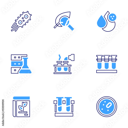 Science icon set. Bold line style. Duotone colors. Editable stroke. bacteria, leaf, database, experiment, botany, test tubes, water, petri dish