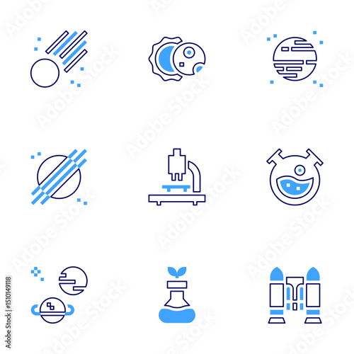 Science icon set. Bold line style. Duotone colors. Editable stroke. asteroid, eclipse, planet, microscope, tube, gmo, jet pack