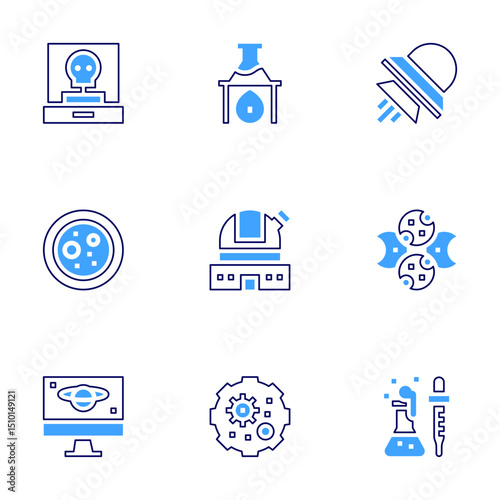 Science icon set. Bold line style. Duotone colors. Editable stroke. anthropology, flask, ufo, cell, observatory, moon phase, screen, virus, investigation