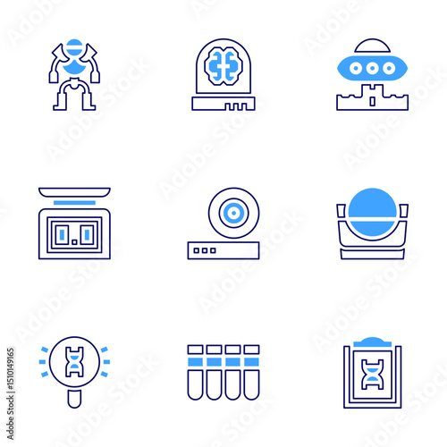 Science icon set. Bold line style. Duotone colors. Editable stroke. android, brain, ufo, balance scale, friction, volume, search, test tube, report