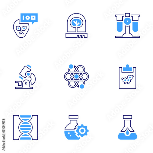 Science icon set. Bold line style. Duotone colors. Editable stroke. alien, incubator, test tubes, research, atom, chemistry, dna, bioengineering, flask