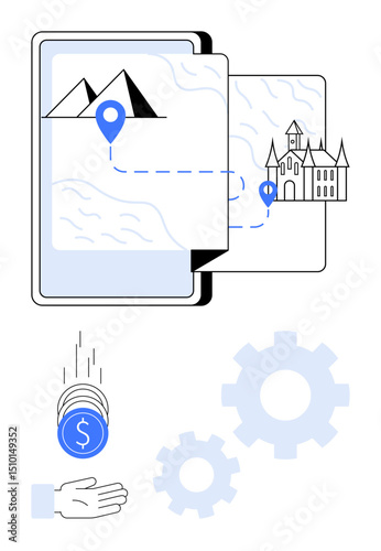 Digital map with route icons, landmark drawings, coins falling to a hand, and gears in motion. Ideal for travel, tourism, navigation, planning, strategy finance teamwork simple landing page