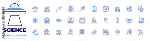 Science icon collection. Bold line style. Duotone colors. ufo, parasite, dropper, machine, biology, report, solar system, sprout, heart, planet, incubator, swab