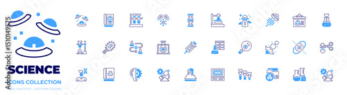 Science icon collection. Bold line style. Duotone colors. ufo, magazine, test tube, bacteria, dna, chemistry, presentation, gmo, lab, research, bioengineering