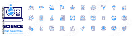 Science icon collection. Bold line style. Duotone colors. chemistry, toy gun, chemical, test tube, virus, dna, petri dish, molecules, ufo, planetarium, flask