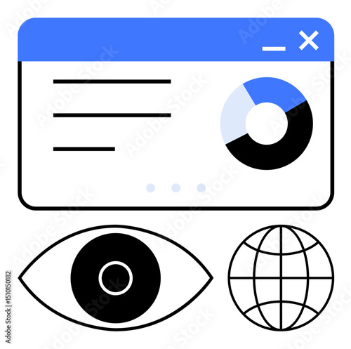 Browser window with analytics chart, global network icon, and eye symbol. Ideal for analytics, data monitoring, global business, SEO, visualization, market research simple landing page
