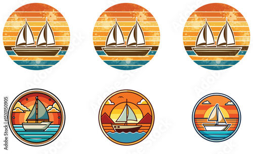 Nautical Summer Voyage Sailboat Graphic Collection Sailing On Sunset Badge Vector