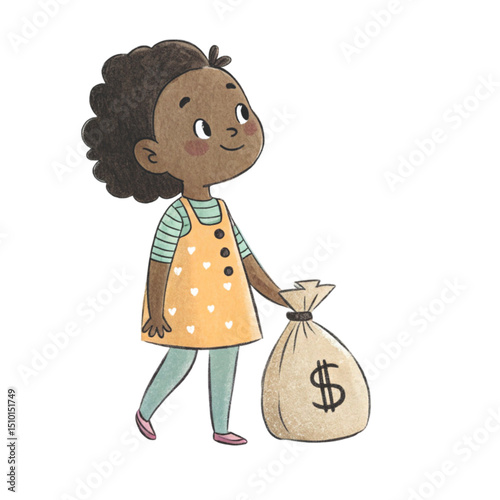 A black boy stands holding a bag of money vector , white background 