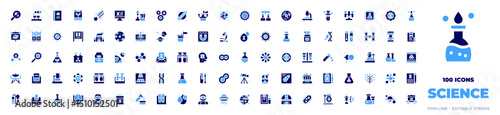100 Science Icons Collection. Bold style. Duotone colors. bacteria, sprout, book, incubator, meteorite, dna, specimen, stem cells, planet, research, earth, cell