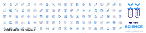 100 Science Icons Collection. Bold line style. Duotone colors. molecule, flask, bacteria, ufo, science, laboratory, destroyed planet, leaf, poster, book, electron
