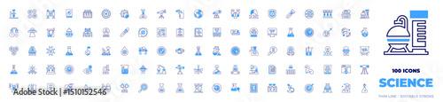 100 Science Icons Collection. Bold line style. Duotone colors. experiment, red blood cells, jet pack, astronomy, blood sample, galaxy, eclipse, plant, earth, ufo