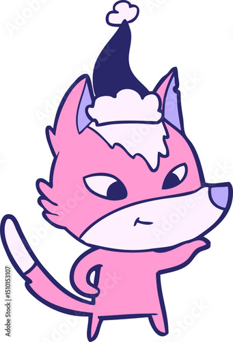 friendly hand drawn line drawing of a wolf wearing santa hat