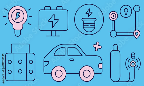 Set of vector icons: music, instruments, technology, web, and social media symbols for business and internet service design illustrations