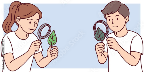 Illustration of a boy and girl examining green leaves with magnifying glasses, showing science teamwork, environmental education, and shared curiosity in childhood. Copy space