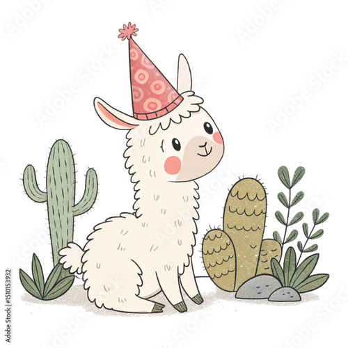 Cute Baby Alpaca Animals with Party Hat Birthday vector , white background 
