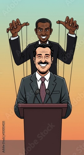 Political Puppetry: A satirical illustration depicting hidden control in politics.