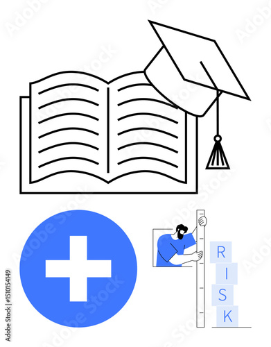 Open book with graduation cap symbolizing education, healthcare cross icon, and person working on stacked risk blocks. Ideal for education, healthcare, risk management, personal development