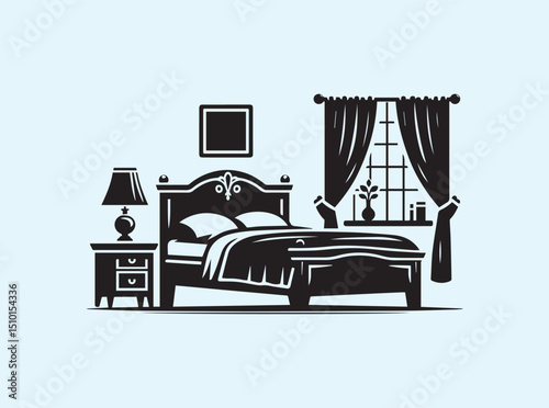 Bedroom Set Silhouette with Lamp and Nightstand