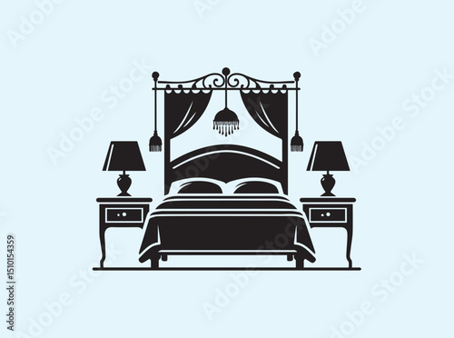 Furniture Silhouette of Bed, Lamp, and Nightstand