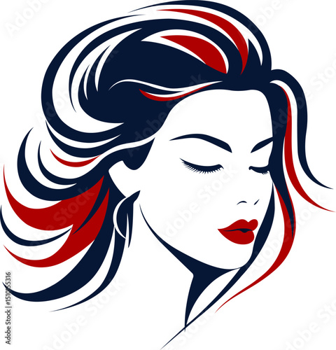 Elegant vector logo illustration of a woman’s face with flowing red and blue hair, ideal for beauty salon branding and fashion design.