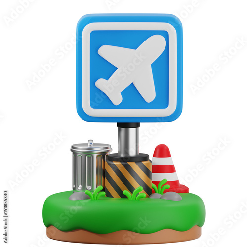 Illustration of an airport signage with a miniature runway model, ideal for travel and aviation promotional content. photo