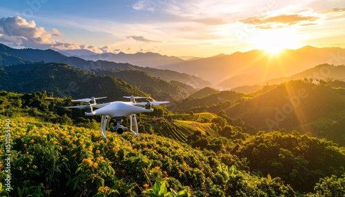 Breathtaking sunset drone view, majestic mountain panorama at golden hour drone photo