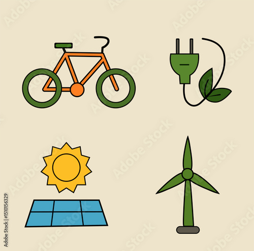 Green energy and eco transport vector icons with wind turbine, solar panel, and bicycle in minimalist style promoting sustainable living