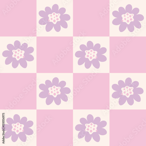 Pastel Chessboard Floral Seamless Pattern. Soft lilac Daisy flower checks in hand drawn squares form. Nostalgic feminine backdrop. Repeat vector illustration