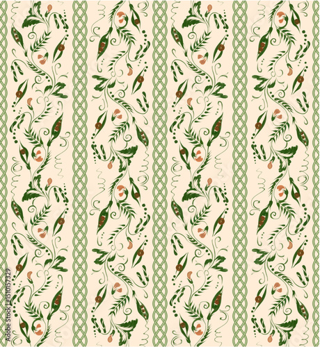 Vector striped seamless pattern from green pea plant borders and braids on a beige background