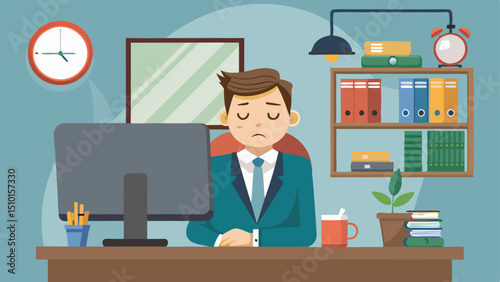 Depressed Cartoon Businessman at Desk with Computer, Clock, and Bookshelves Illustration