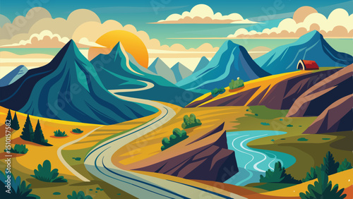 Colorful Mountain Landscape with Winding Road, River, Clouds, and Setting Sun Illustration