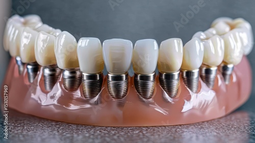 Dental Implant Prosthesis, Full Arch Restoration, Gray Background. Close-up of Tooth Implants, Artificial Gums, Dental Health, Dentistry Concept