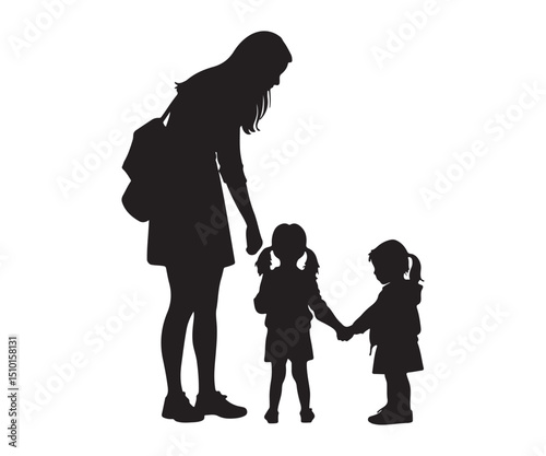 Two vector outlines of a woman and a child. A little girl is positioned in front of her mother, who is squatting. White background
