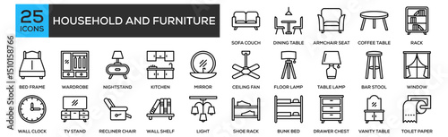 Household and Furniture icon collection set. Containing design Sofa Couch, Dining Table, Armchair Seat, Coffee Table, Bookshelf Rack