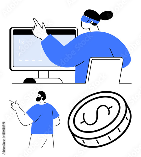 Two individuals collaborate, engage with tech tools coin illustration signifies finance, digital growth. Ideal for teamwork, finance, innovation, collaboration, education, creativity simple landing