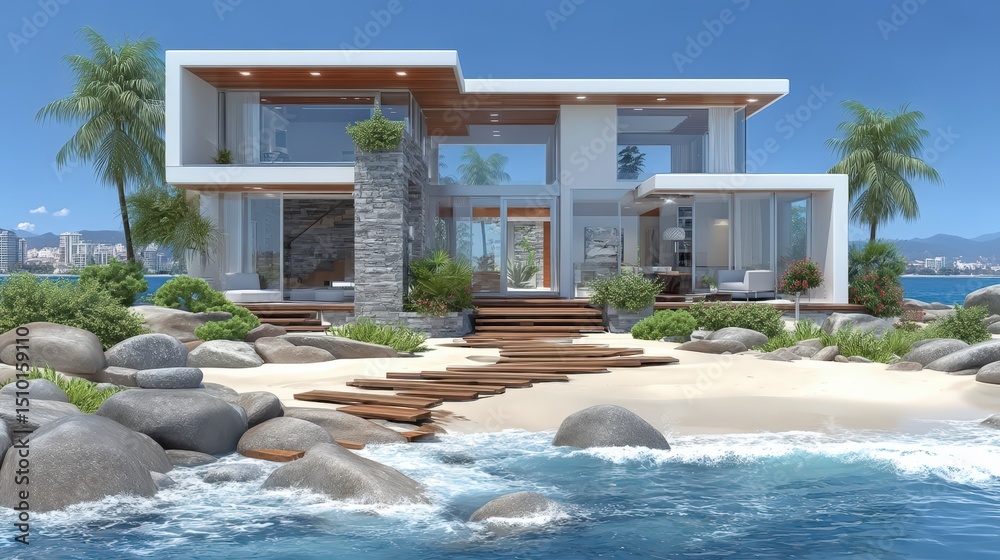 Fototapeta premium Modern Beachfront House Luxury Oceanfront Villa Tropical Island Home Design