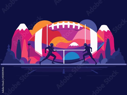 American Football Players Competing on Field – Stylized Sports Illustration with Mountains and Stadium