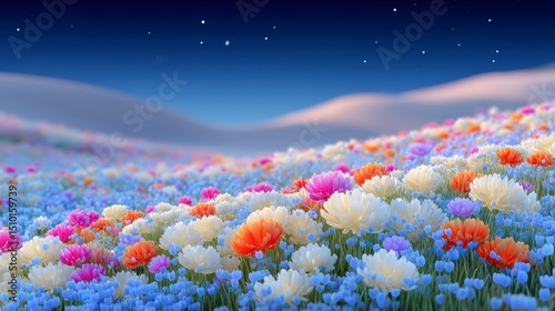 Serene Sunset Meadow  Vibrant Colorful Flowers  Blooming Field  Soft Light